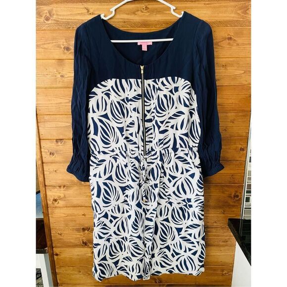 Lilly Pulitzer Sessile Rayon Zip Dress Blue White Drawstring Pockets sz 8